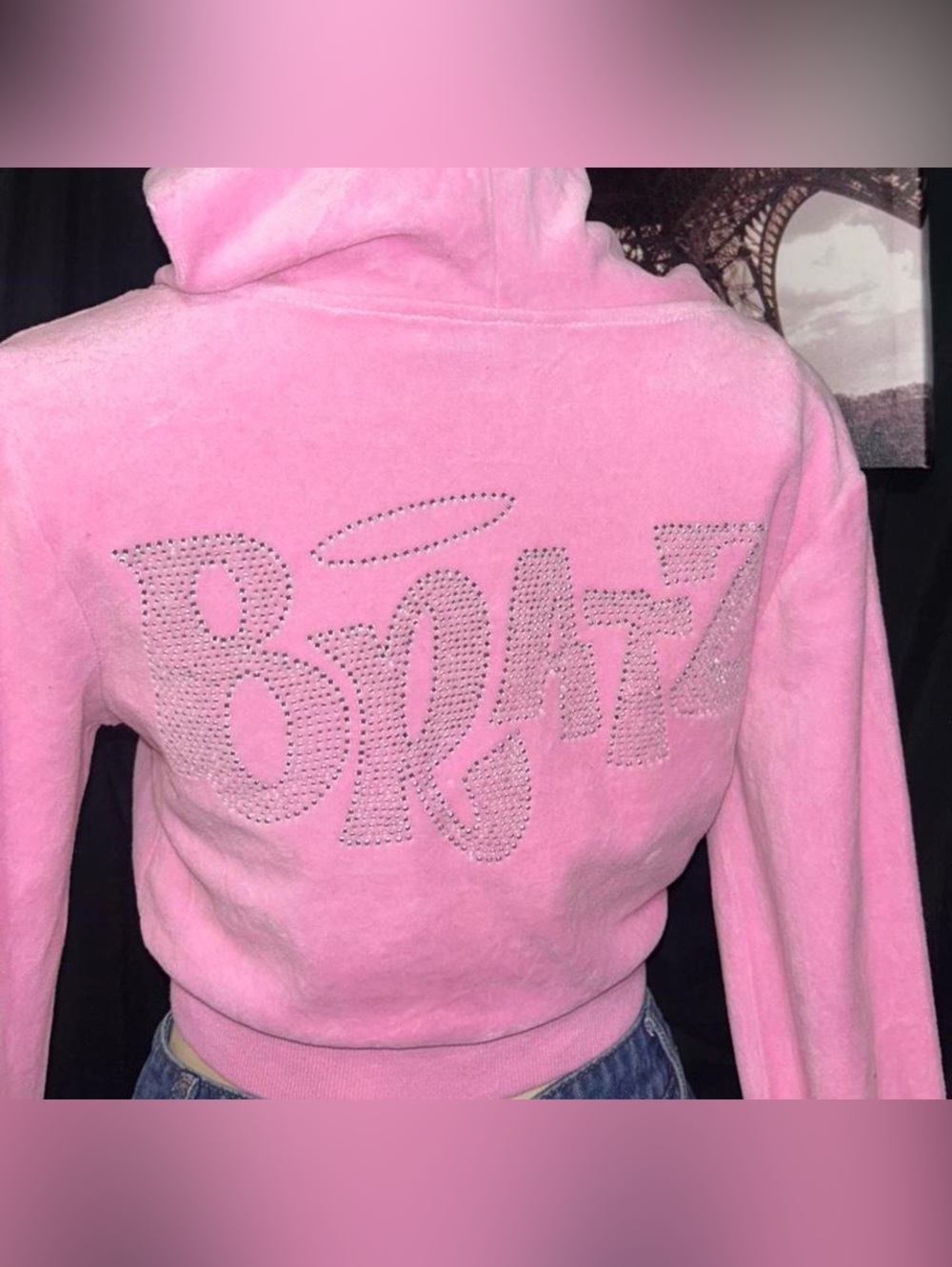 Dolls Kill Pink Cropped Zip-Up Hoodie with Rhinestone Logo